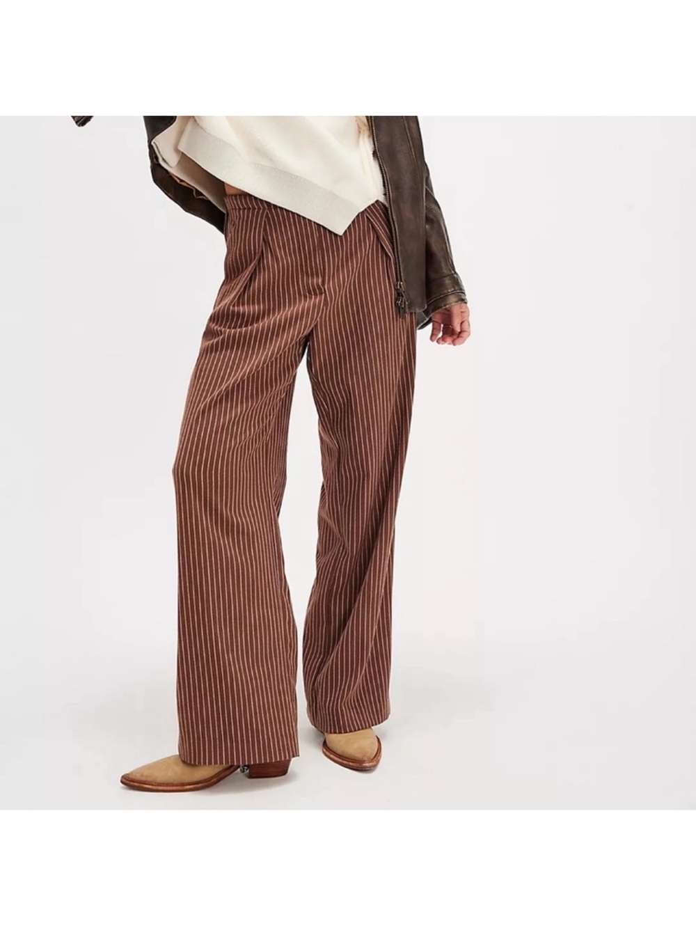 Free People Brown Pinstripe Wide-Leg Pants